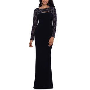 NWT Betsy & Adam Womens Black Beaded Embellished Cutout Long Sleeve Gown Size 8
